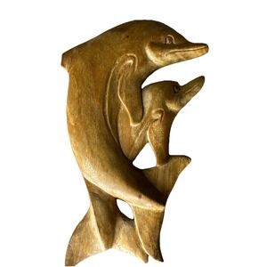 DOLPHINS Wooden Hand Carved Hanging Wall Plaque  9"